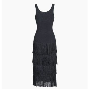 Black Fitted Tiered Fringed Sleeveless Midi Dress